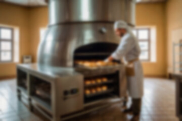A blurry photo of a worker making bread and baking it in the oven until cooked.
