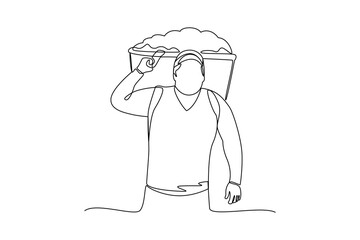 one continuous line draw of a farmer carrying his yields to home. Farmer minimalist concept. Harvest time concept. Harvesting.
