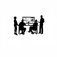 Silhouette of a team analyzing data from a satellite mission on white background