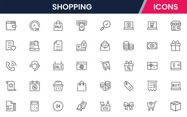 A vibrant Vector illustration web line icon collection for shopping, featuring sleek, minimalist designs perfect for e-commerce UI/UX, websites, and apps, ensuring high-quality visuals.