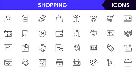 A vibrant Vector illustration web line icon collection for shopping, featuring sleek, minimalist designs perfect for e-commerce UI/UX, websites, and apps, ensuring high-quality visuals.