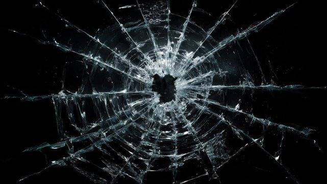 shattered broken glass car window on black background, for overlay and screen layer modes. Stop motion animation loop	
