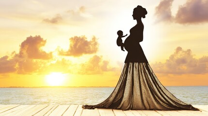 Pregnant woman's silhouette with glowing baby outline against sunset, embodying maternal love and new beginnings