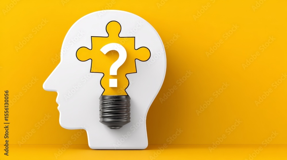 Poster exploring the brain abstract thinking questioning answers in marketing concepts human head symbolism