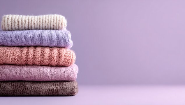 A neatly stacked pile of five pastel-colored knit sweaters on a lilac background