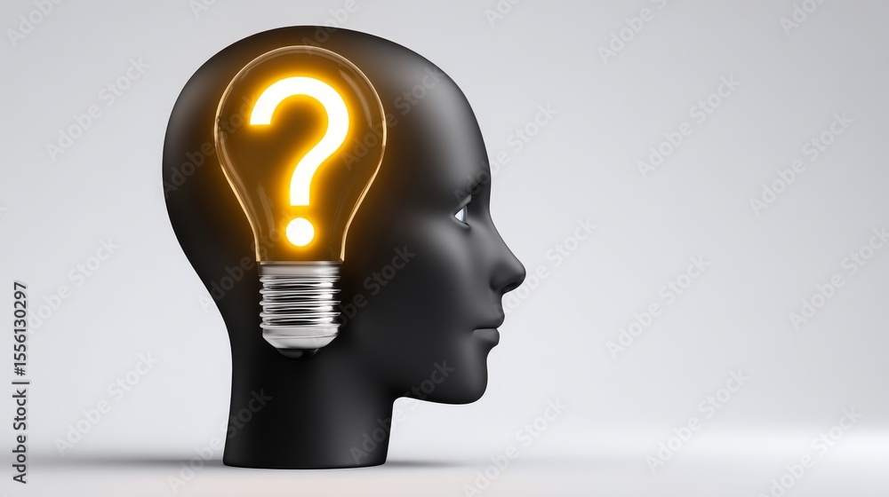 Poster exploring the abstract thinking of the human brain illuminating questions and marketing answers in a