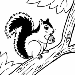 Black and White Squirrel with Acorn on Tree Branch Illustration