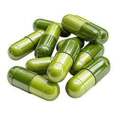 Green Pills: A close-up view showcases a collection of vibrant green pills, meticulously captured in a clean, sterile setting, symbolizing health, wellness, and pharmaceutical advancements.