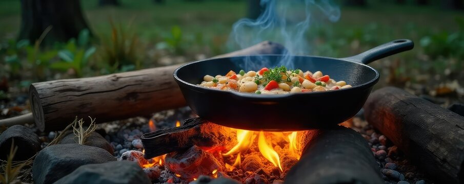 A crackling campfire with a cast iron skillet cooking food over the flames, surrounded by nature The perfect image for rustic cooking and outdoor adventure , heat, meal - Powered by Adobe