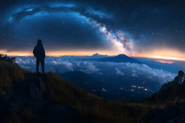 Fototapeta premium Man watching milky way over mountains majestic landscape under a starry night dreamy atmospheric exploration