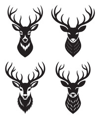Set of four elegant deer head illustrations in black and white line art style, ideal for logos, tattoos, rustic decor, and wildlife themes