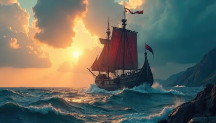 Obraz premium A fierce Viking tribal longship under a dramatic sky, sails billowing, ready for battle or exploration The rugged coastline and stormy sea create a powerful image , mythology, boat