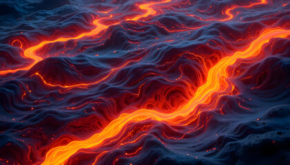 Glowing Lava Flow Over Dark Volcanic Landscape at Night