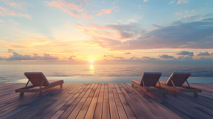 wooden deck, ocean view, empty sun loungers, sunrise, calm mood