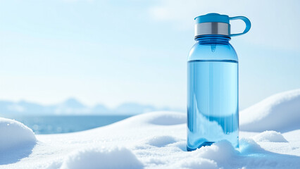 blue water bottle sitting in the snow, with a blurred background. The bottle is filled with a clear liquid, likely water, and is surrounded by a blanket of white snow.