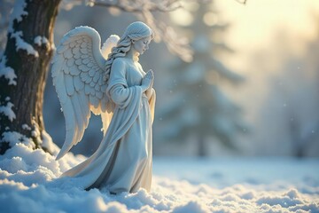 A majestic angel statue, wings frosted with snow, stands serene amidst a winter wonderland The scene is bathed in soft, ethereal light, conveying peace and tranquility , nature, sacred