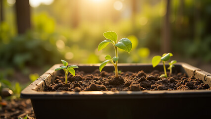 small plant in a black pot on top of a table, surrounded by soil. The background is blurred, suggesting that the focus of the image is on the plant, which appears to be a seedling.