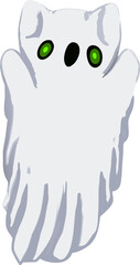 A spooky but endearing ghost cat with vivid green eyes, perfect for Halloween-themed and surreal compositions