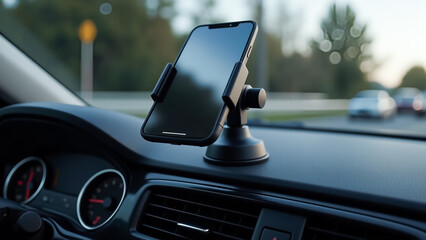 car dashboard with a cell phone holder attached to it, the speedometer, air conditioner, and other objects visible