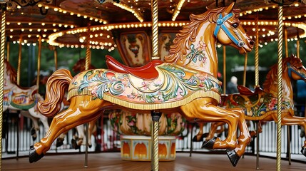 Carousel horse prancing under sparkling lights at amusement park