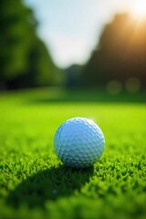Obraz premium Close-up of a golf ball on a lush green fairway, sunlit and ready for a powerful drive The scene evokes the intensity and precision of championship golf , golfer, sport