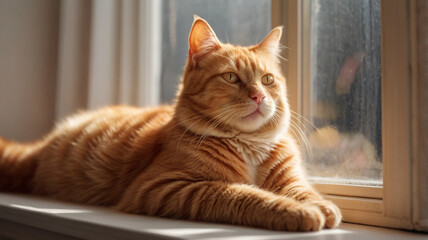 A ginger cat lying on a windowsill with sunlight streaming in, calm expression