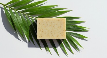 Natural handmade soap bar resting on a vibrant green palm leaf against a white background