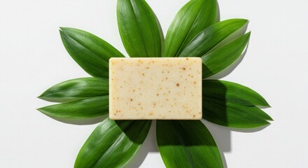 Natural soap bar resting on a bed of green leaves on a bright white background