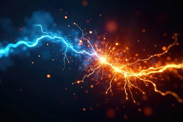 Close-up of sparking electrical wires, vibrant blue and orange arcs illuminate the darkness, intense energy and chaotic power A visceral feeling of raw, untamed electricity , light, plasma