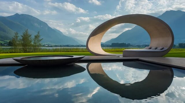A unique architectural structure sits by a tranquil water surface reflecting mountains and clouds in a serene landscape at dawn