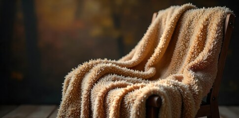 Cozy, plush blanket draped over a rustic wooden chair, soft texture and warm colors evoke feelings of comfort and relaxation Perfect for autumn or winter themes , nap, fuzzy