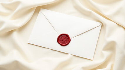 white envelope with a red wax seal on top of it, placed on a cream-colored cloth.