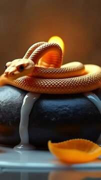 A coiled orange snake rests on a smooth black stone. The snake has a glossy texture and is surrounded by a small orange leaf and a trickle of white liquid.