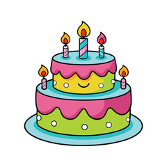 Kids birthday cake with fun decorations like balloons and stars vector illustration isolated on white background