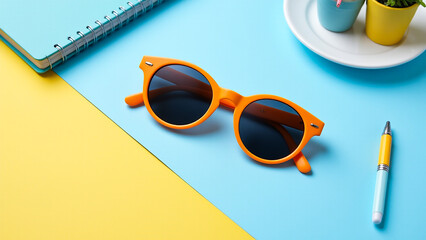 pair of orange sunglasses sitting on top of a blue and yellow table next to a notebook, a pen, a saucer with two small plants in it, and a cup of coffee.