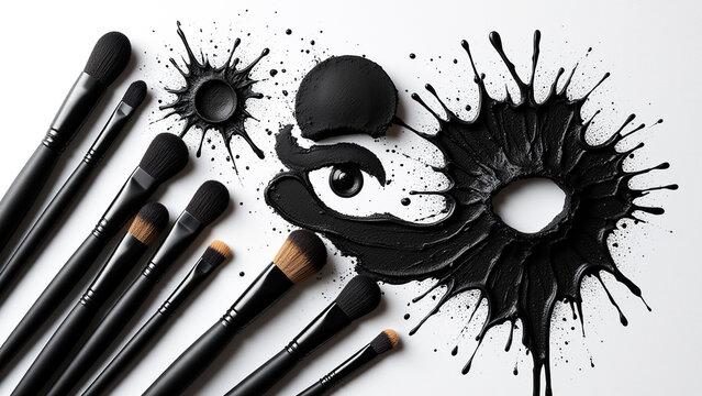 set of makeup brushes with black paint splatters on a white background, creating a striking contrast between the two colors. 