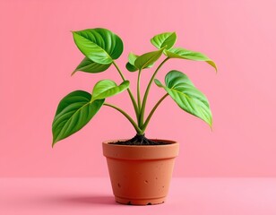 Obraz premium this is a digital artwork that features a realistic potted plant with vibrant green leaves against a pink background, the pot has a rough texture