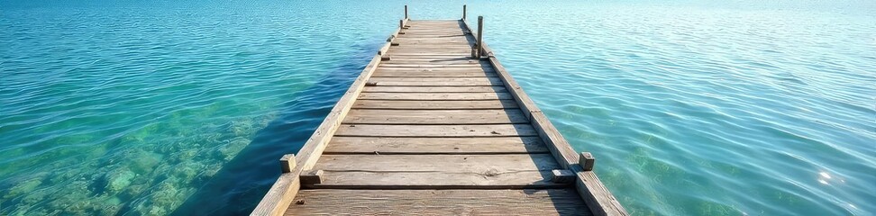 Obraz premium Rustic wooden shore dock extending into calm blue water, sunlight reflecting on the surface Ideal for tranquility, nautical, and summer themes , serene, waterfront, sky