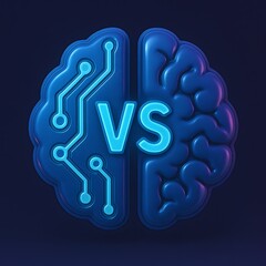 Futuristic 3D AI vs Human Brain Icon Technology Concept