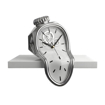 Photo of a surreal melting silver clock with visible gears isolated on transparent background