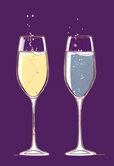 two glasses of sparkling wine, cartoon vector illustration