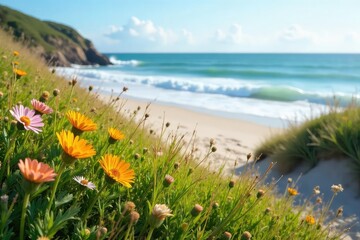Serene coastal meadow scene Wildflowers bloom amidst beach grasses, with gentle waves lapping the shore in the background A tranquil, idyllic landscape , seaside, wild