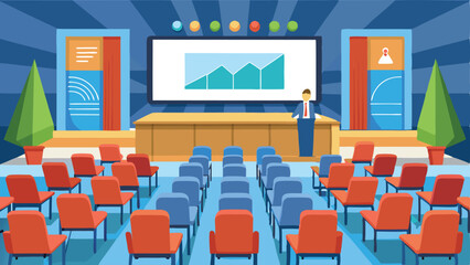 Conference Presentation: A speaker stands before a graph on a large screen, delivering a presentation to rows of empty chairs in a conference hall.