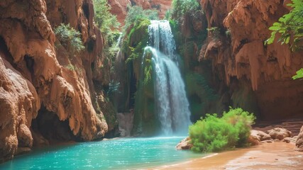 A waterfall flows into a vibrant turquoise pool at the base of striking red rock cliffs, showcasing a tranquil desert landscape - Powered by Adobe