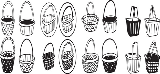 Hand Drawn Basket Icon Set – Vector Collection of Woven and Picnic Baskets

