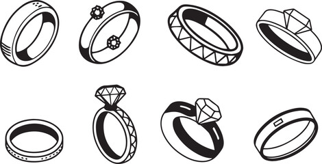 A set of vector illustrations featuring rings with diamonds in a black and white design