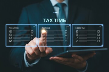 A man interacting with a digital tax interface showing tax return and income tax options displayed