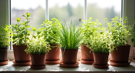 Sunlit Windowsill Herb Garden in Small brown Pots