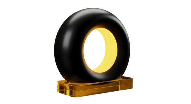 Photo of a modern black ring sculpture with a glowing gold interior is isolated on transparent background, a minimalist and elegant design