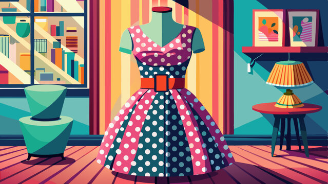 A polka-dot dress with a cinched waist, flared skirt, and sweetheart neckline stands proudly on a retro mannequin. Beside it: red heels, cat-eye sunglasses, and a jukebox. The floor tiles gleam in 